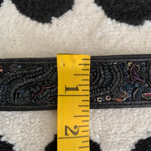 Lucky Brand Leather Beaded Sequin Waist Belt Women's S Black Silver Buckle Y2K - Picture 10 of 12
